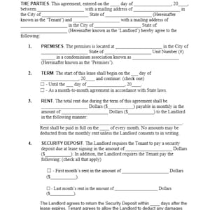 May include: A black and white legal document titled "Residential Lease Agreement". The document outlines the terms of a lease agreement between a landlord and a tenant. The document includes sections for the parties involved, the premises, the term of the lease, the rent, and the security deposit.