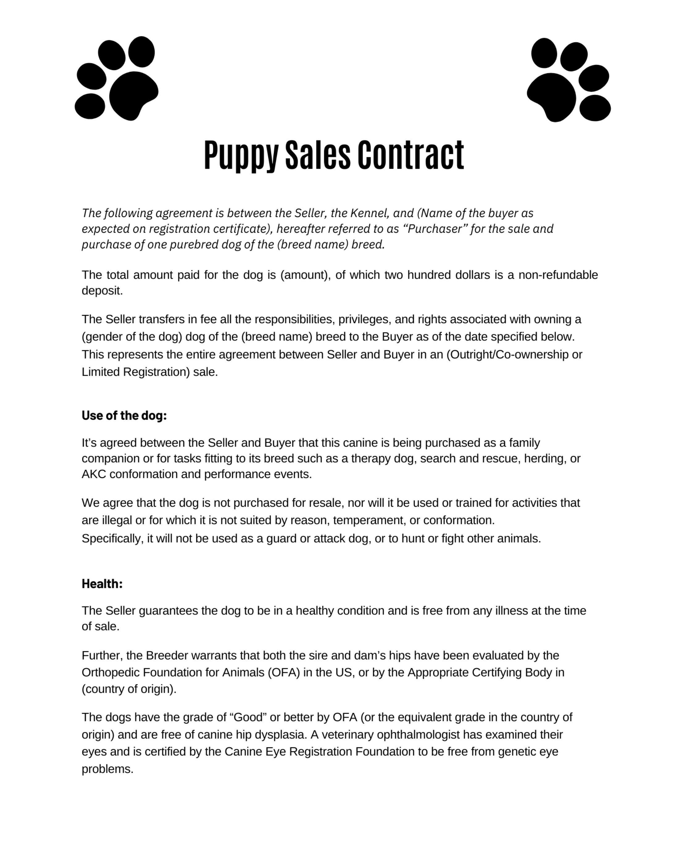 Printable Puppy Sales Contact, Dog Sales Form in Editable PDF Format on Printable Puppy Sales Contact, Dog Sales Form in Editable PDF Format on