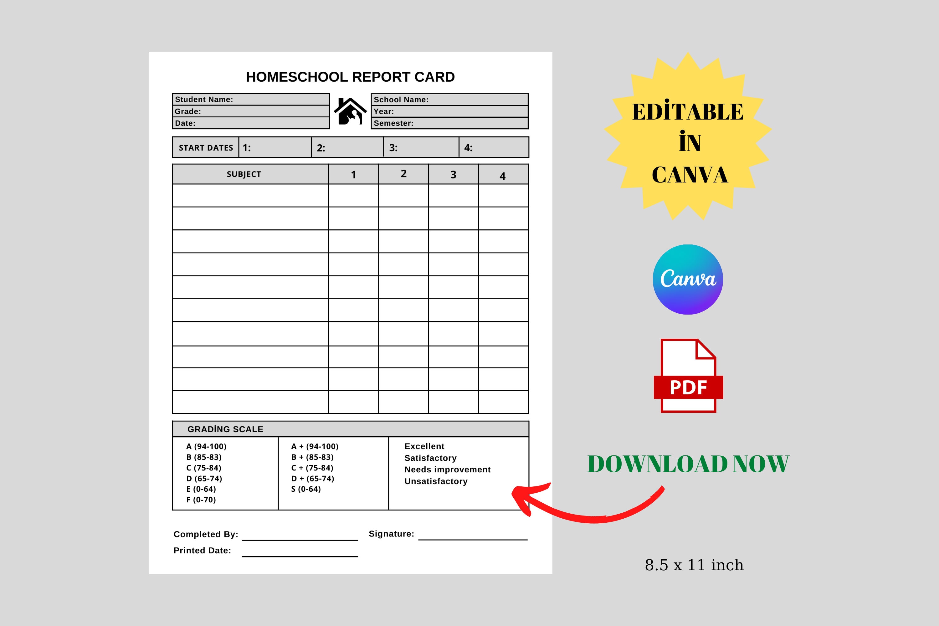 Printable Homeschool Report Card: Simple Gray & White Template (PDF)