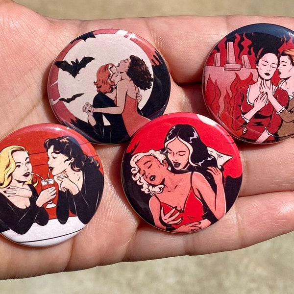 Bold Halloween Lesbian Pride 1.5” Metal Pin back Buttons Lesbean Pride Comic Book Style Button Sapphic Femme Lesbians Vampire Witches Pins
