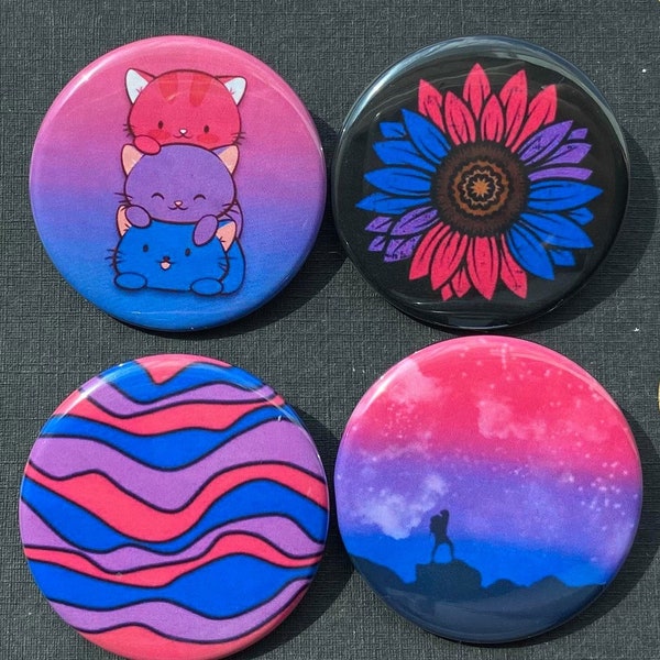 Subtle Bisexual Pride 1.5” Metal Pinback Buttons Bright Bi Flag Colors Subtle and Discreet Hearts Kawaii Cats Cute Flower Scenic Hiker