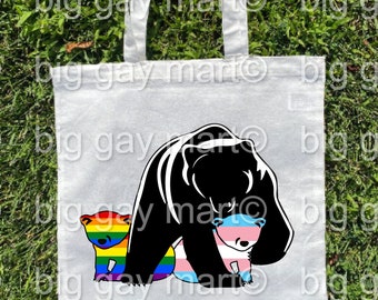 Trans Gay Pride Mama Bear Reusable Grocery Bag Proud LGBTQ+ Mom Tote Bag Momma Bear Protecting Cub