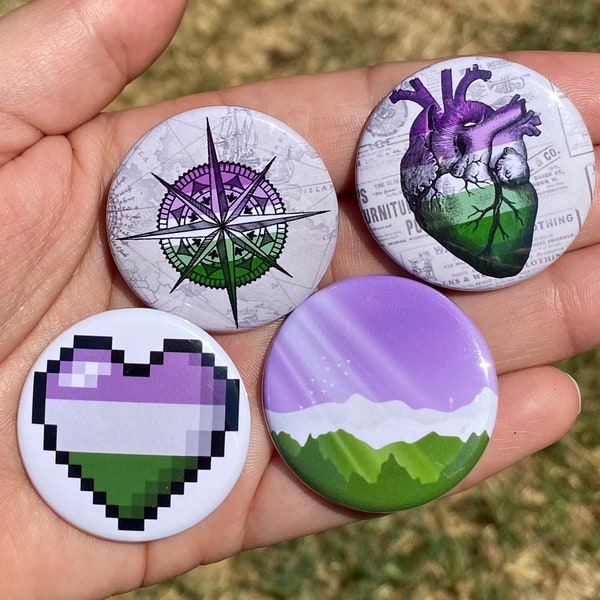 Genderqueer Pride 1.5” Metal pinback Buttons Gender Queer Pride Flag Cute Subtle Designs Compass Flowers Heart Scenic Landscape