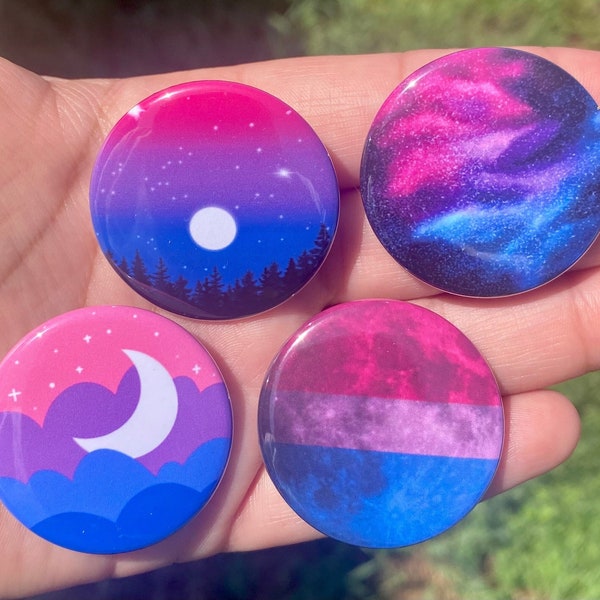 Subtle Bisexual Pride 1.5” Metal Pinback Buttons Bi Flag Colors Subtle and Discreet Cosmic Designs Starry Crescent Moon Stealth Bisexual