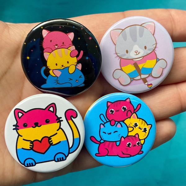 Subtle Pansexual Pride 1.5” Metal Pinback Buttons Pan Flag Colors Subtle and Discreet Kawaii Cats Cute Button Set Stealth Cat Mom/Dad