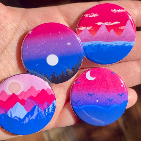 Subtle Bisexual Pride 1.5” Metal Pinback Buttons Bi Flag Colors Subtle and Discreet Landscape Designs Bright Moon Bisexual Button