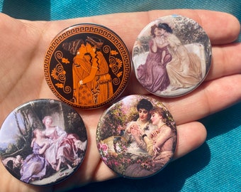 Sapphic Lesbian Pride 1.5” Metal Pin back Buttons Kissing Girls Greek Style Terracotta Kissing Girls Victorian Lovers Thorn Among the Roses