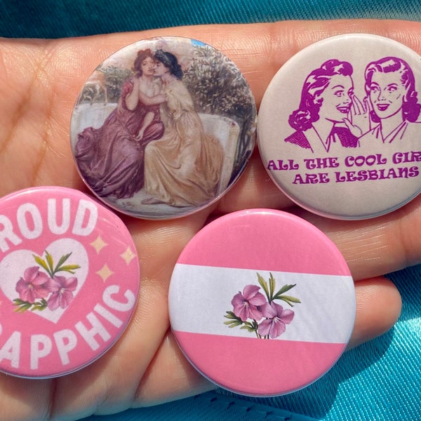 Cute Femme Proud Sapphic Lesbian Pride 1.5” Metal Pinback Buttons Feminine Flag Pins Cool Girls are Lesbians Sappho and Erinna WLW Art