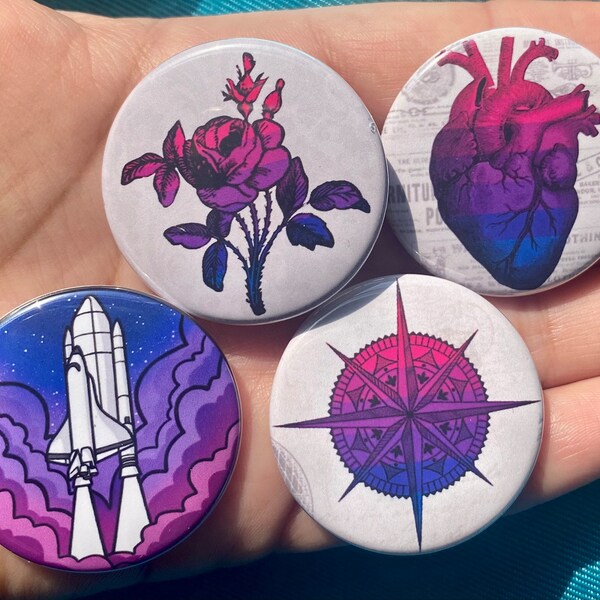 Subtle Bisexual Pride 1.5” Metal Pinback Buttons Bi Flag Colors Cute and Discreet Cosmic Designs Space Shuttle Heart Flower Compass Pins