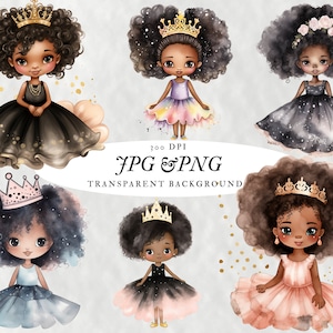 Niedliche kleine Prinzessin Puppe Bundle Afro Girl Aquarell Clipart 300 DPI Jpg Png Fester und Transparenter Hintergrund