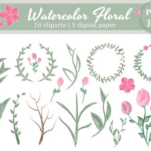 Watercolor Flowers Digital Paper & Cliparts - Seamless Pattern, Elements, Monograms