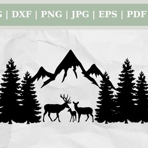 Deer Family Mountain Scenery - Cut File, Clip Art, Vector, Silhouette, Cricut, Quote
