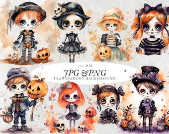 Joli squelette Bundle aquarelle Halloween Clipart 300 DPI Jpg Png fichiers fond solide & Transparent