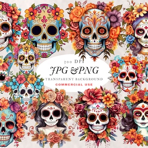 Dia De Muertos Bundle Floral Skull Clip Art Dia De Los Muertos PNG et JPG Haute Résolution 300 dpi
