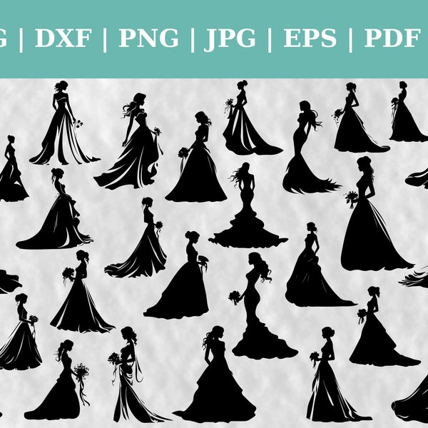 SALE! Bride Big Bundle Wedding Cut Files, Wedding Dress Clipart, Vector SVG | DXF | Png | Jpg | Pdf