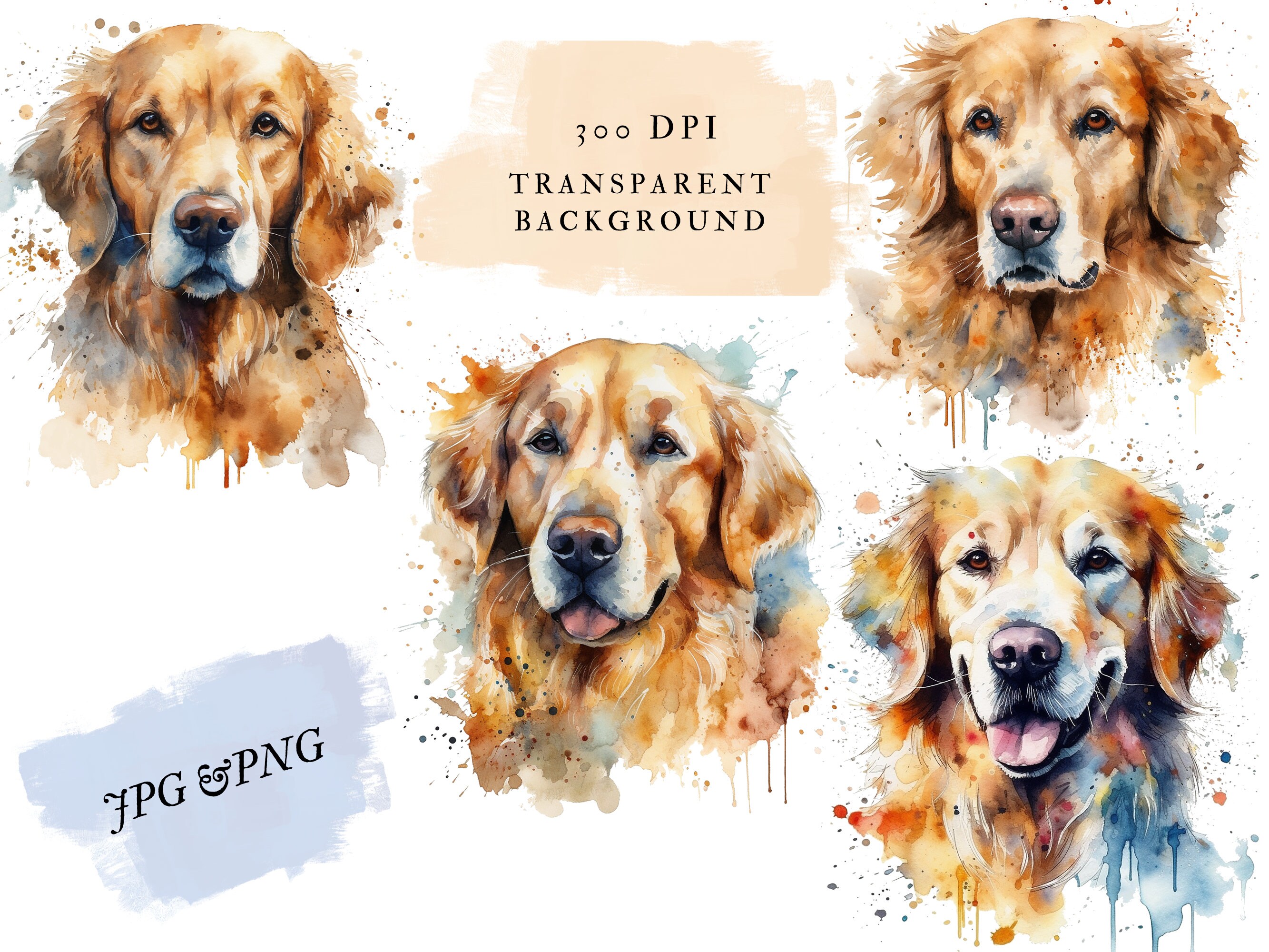 Golden Retriever Watercolor Bundle Puppy Clipart 300 DPI Jpg Png Files ...