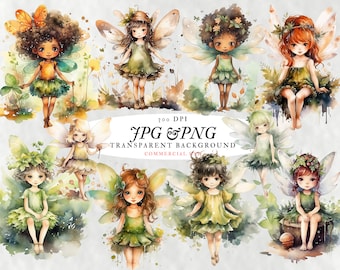 SALE! Cute Forest Fairy Collection Watercolor Bundle Clip Art PNG and JPG High Resolution 300 dpi