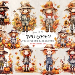 Cute Scarecrow Bundle Fall Clip Art Scarecrow Autumn PNG and JPG High Resolution 300 dpi