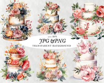 Paquete de pasteles de boda acuarela Clipart 300 DPI Jpg y Png archivos fondo sólido y transparente uso comercial
