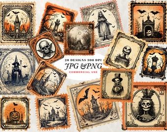 Collezione di francobolli vintage Halloween Pacchetto Halloween Clip Art PNG e JPG ad alta risoluzione 300 dpi