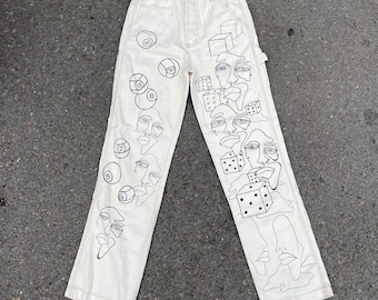 handpained custom carpenter or linen trouser high waisted pants