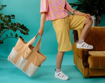 Oversize beach bag, Tropical sunset handbag with pockets, Oversize daily handbag, Vintage style beige bag, Bag for vacation, Women's handbag