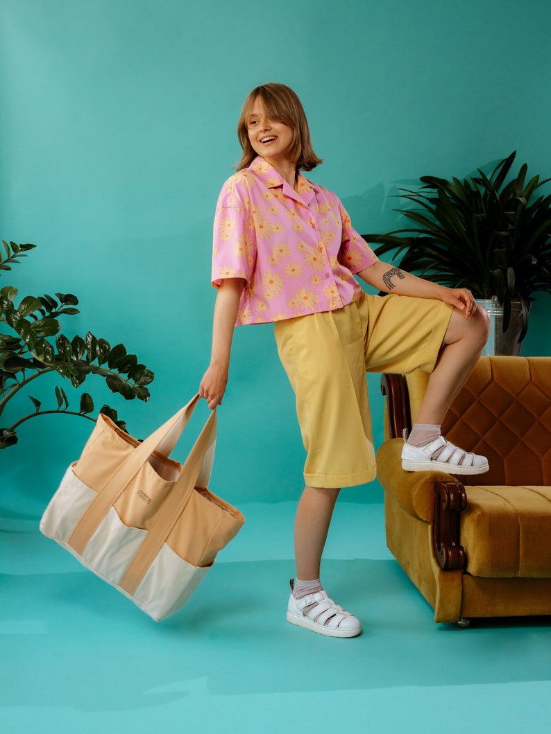 Oversize beach bag, Tropical sunset handbag with pockets, Oversize daily handbag, Vintage style beige bag, Bag for vacation, Women's handbag image 1