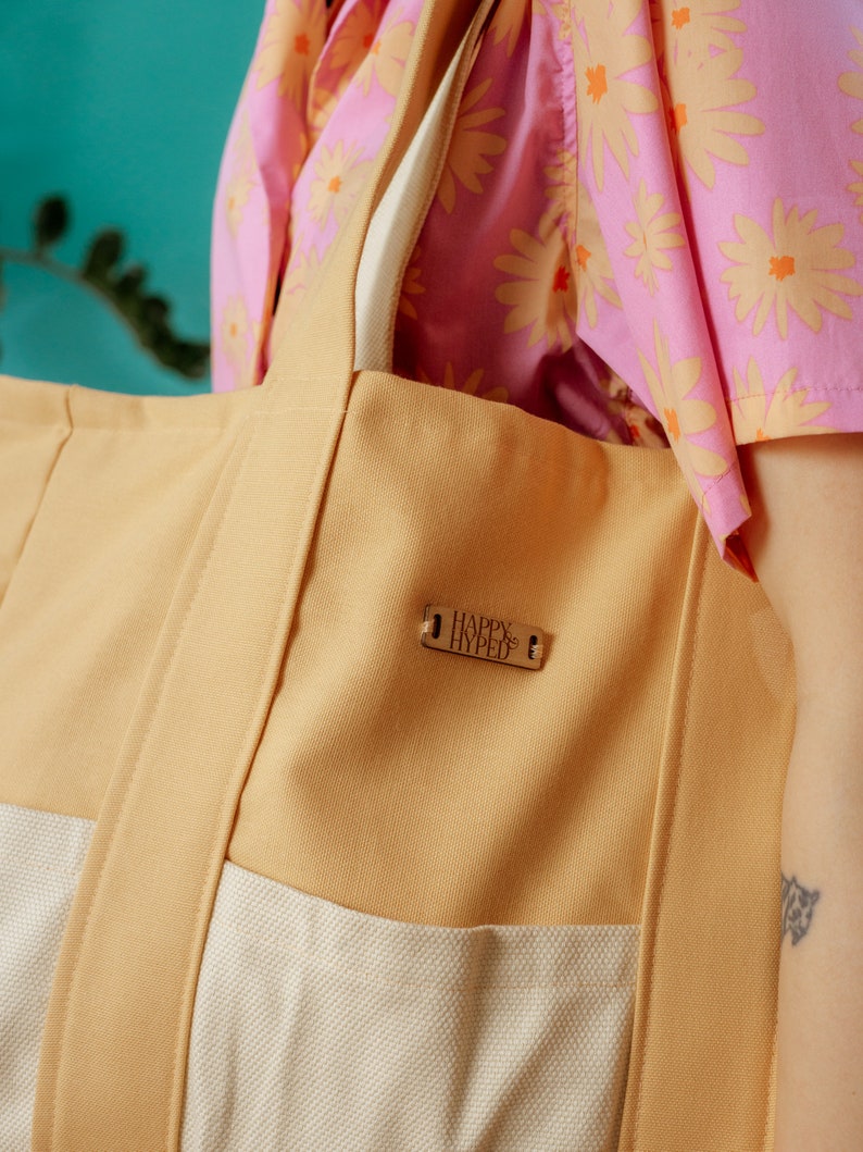 Oversize beach bag, Tropical sunset handbag with pockets, Oversize daily handbag, Vintage style beige bag, Bag for vacation, Women's handbag image 6
