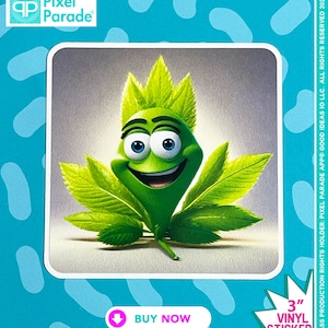 Marijuana Leaf Cartoon Sticker, 3"x3" Die Cut Vinyl Sticker, Weed Plant Character, Marijuana Smoker, Collectable, Brand:"Weed Anything®"