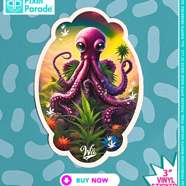 Octopus Lap Top Sticker, 3"x3.5" Die Cut Vinyl Sticker, Octopus Character, Rainbow, Marijuana Smoker, Collectable, Brand:"Weed Anything®"