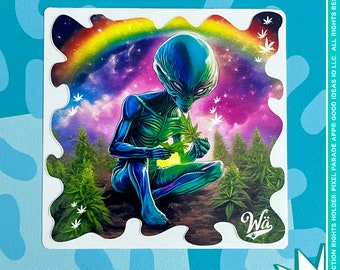 Rainbow Alien Smoker Vinyl Sticker, Collectible Die Cut