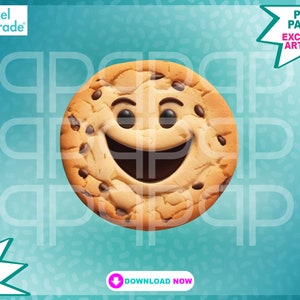 Può includere: Un biscotto al cioccolato con gocce di cioccolato sorridente con uno schema di colori marrone e beige. Il biscotto ha un viso felice con un ampio sorriso e gocce di cioccolato.