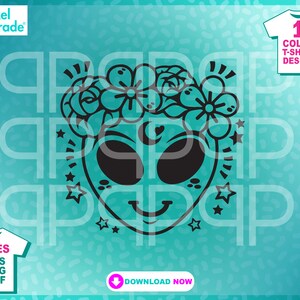 Svg extraterrestre, svg hippie, joli visage féminin extraterrestre, svg fleurs, svg amour, art extraterrestre, SVG, EPS, DXF, fichiers numériques découpés par : Pixel Parade App®