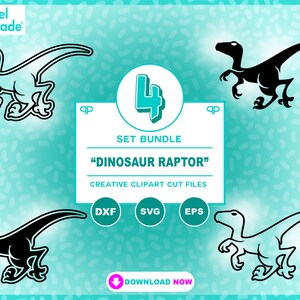 May include: A set of four black and white dinosaur raptor silhouette clip art files in DXF, SVG, and EPS formats. The image shows the text "Dinosaur Raptor" and "Creative Clipart Cut Files".