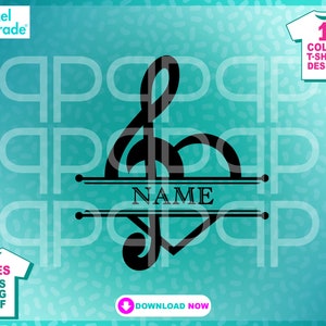 May include: Black and white graphic design of a treble clef inside a heart shape with a horizontal line above and below the heart. The text "NAME" is centered on the line below the heart.