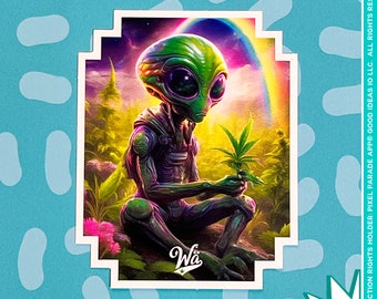 Alien Smoker Vinyl Sticker, Rainbow Fantasy Art (3"x3")