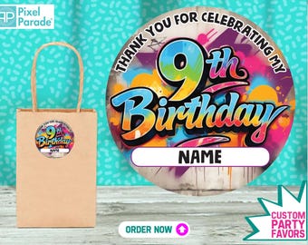 Custom 9th Birthday Party Stickers: Graffiti Street Art Favors