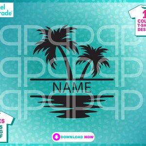 May include: A black and white silhouette of two palm trees with a wavy line representing water underneath. The text "NAME" is centered below the trees. The design is on a turquoise background with a white t-shirt mockup in the top right corner. The text "1 COLOR T-SHIRT DESIGN" is on the t-shirt mockup.