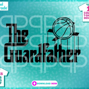 May include: Black and white graphic design of the text "The Guardfather" with a basketball hanging above the text. The basketball is suspended by strings.