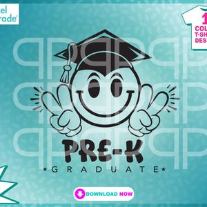 May include: Black and white graphic design of a smiling face wearing a graduation cap and holding up two fingers in a peace sign. The text "Pre-K Graduate" is below the face.