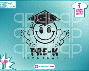 May include: Black and white graphic design of a smiling face wearing a graduation cap and holding up two fingers in a peace sign. The text "Pre-K Graduate" is below the face.