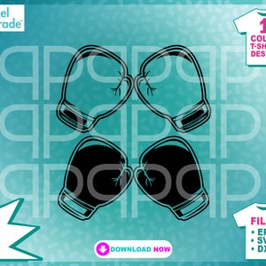 May include: A digital download of two black and white boxing glove illustrations. The gloves are facing each other, with the thumbs pointing towards the center. The design is suitable for use on t-shirts, mugs, and other merchandise.