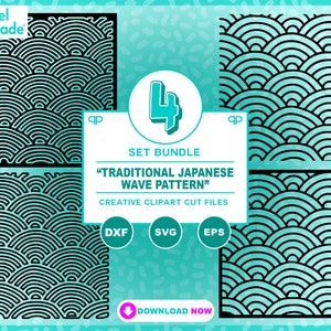 Puede incluir: Un conjunto de cuatro archivos de arte digital con un patrón de olas japonesas tradicionales. Los diseños son en blanco y negro, con un motivo semicircular repetitivo. El conjunto incluye formatos de archivo DXF, SVG y EPS.