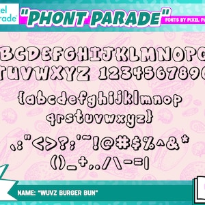 May include: A digital font called "Phont Parade" with 94 keys, including uppercase and lowercase letters, numbers, and punctuation marks. The font is designed in a cartoon style with rounded edges and a pink background.
