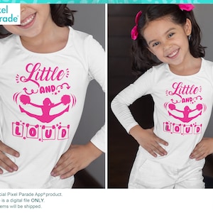 May include: A white long-sleeved shirt with a pink design featuring a cheerleader with pom-poms and the text "Little and Loud".