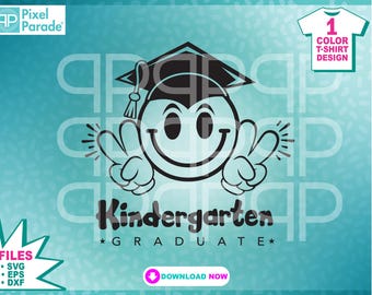 May include: Black and white graphic design of a smiling face wearing a graduation cap. The text "Kindergarten Graduate" is below the face.