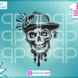 May include: Black and white vector illustration of a skull wearing a baseball cap with the word "COMPTON" on it. The skull has dripping paint coming from its head.