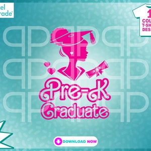 May include: Pink graphic design for a pre-k graduate. The design features a girl wearing a graduation cap and gown, holding a diploma. The text "Pre-K Graduate" is written in a bold, playful font.