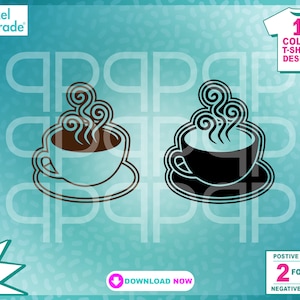 Pode incluir: Duas ilustrações de uma xícara de café com vapor saindo do topo. Uma é em preto e branco, a outra é em marrom e branco. O texto "1 COLOR T-SHIRT DESIGN" está no canto superior direito da imagem.