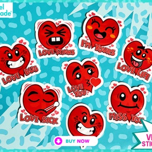Kawaii Valentine&#39;s Day Stickers: Funny Heart Characters, 3&quot; Vinyl (8 Die Cut)
